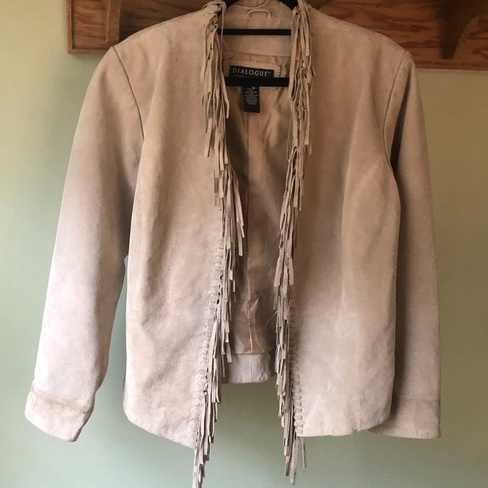 Leather light tan fringe front jacket;great price